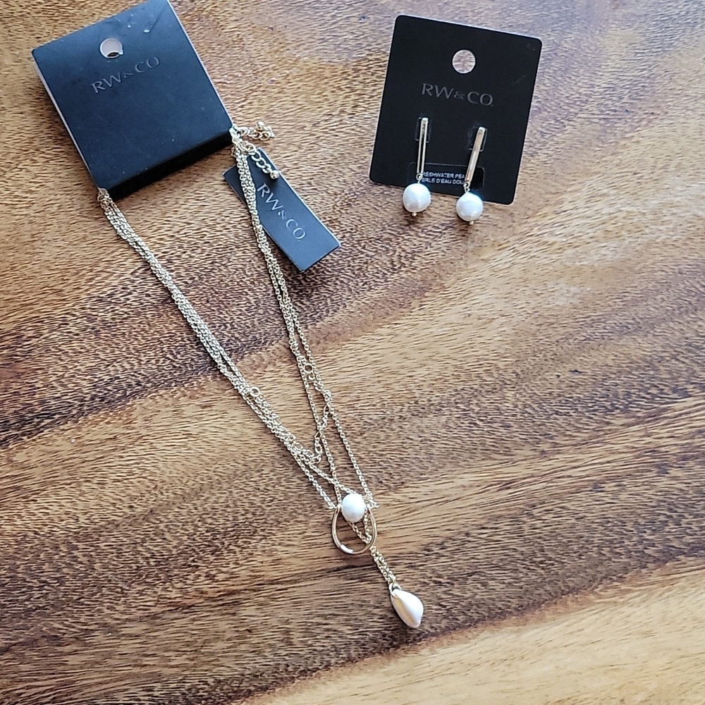 RW&CO. Gold and White Layered Necklace with Pearl Drop & Matching Earrings